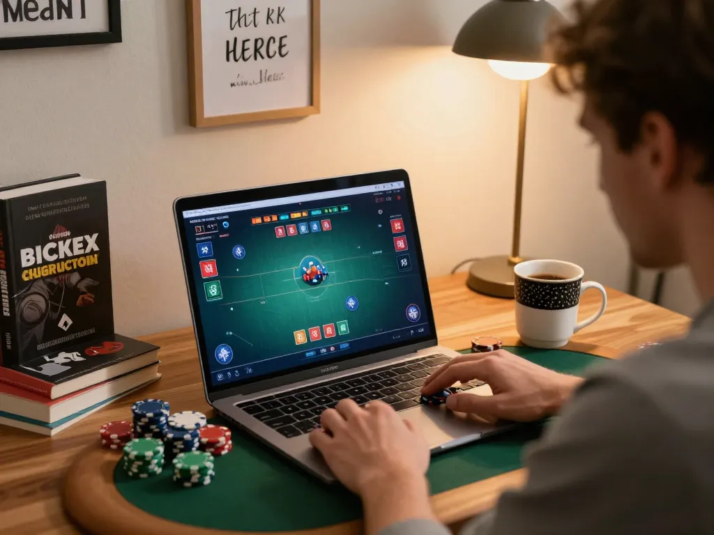Win138 player engaging in online poker game strategy at home with laptop.