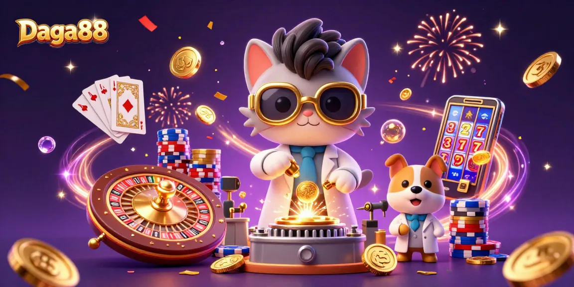 Daga88's thrilling scene with a mad scientist cat and dog in a casino lab creating gold, surrounded by sparkling gems and coins.