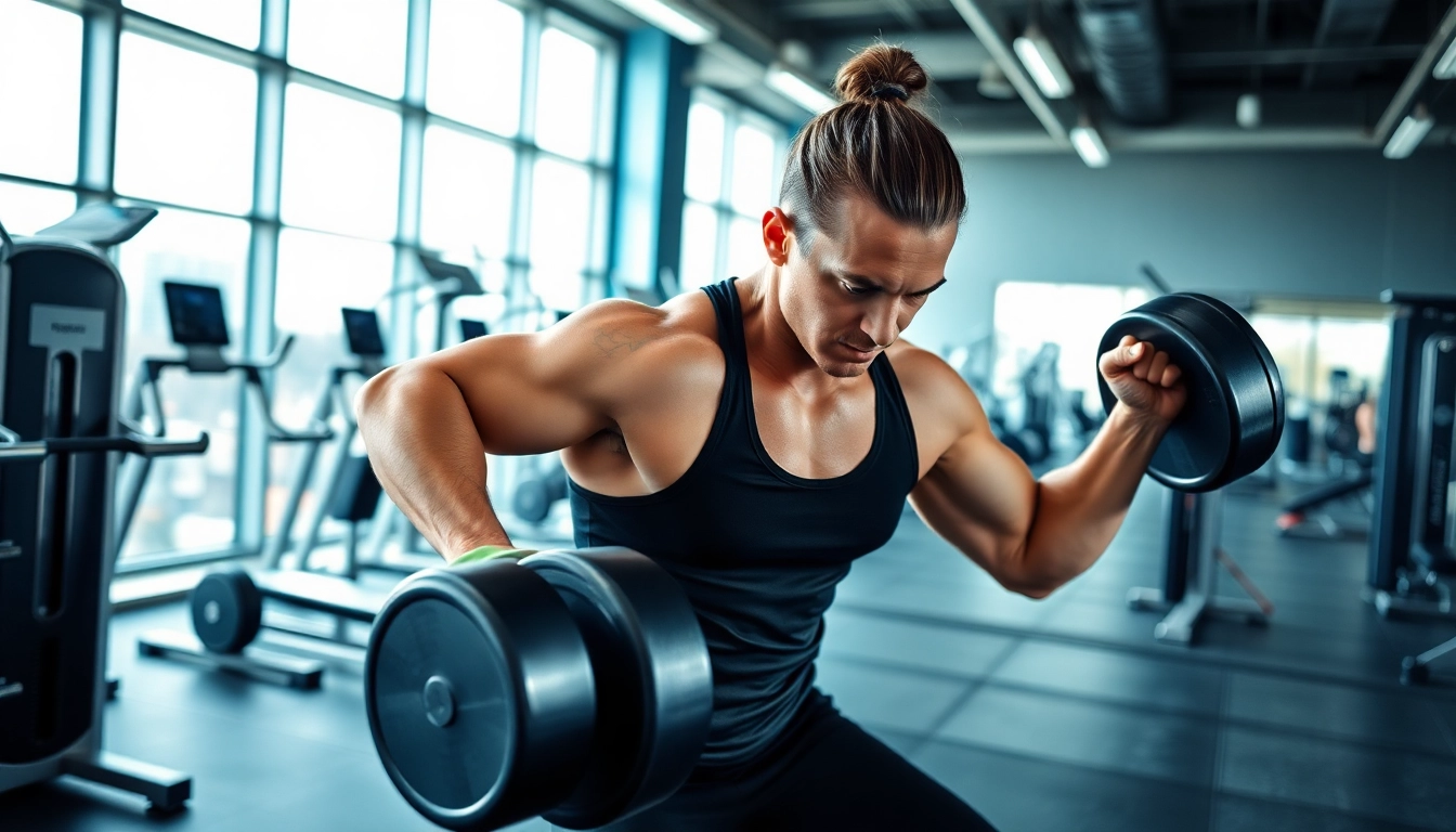 Fitness enthusiast demonstrating strength training with Canadian anabolics in a vibrant gym environment.
