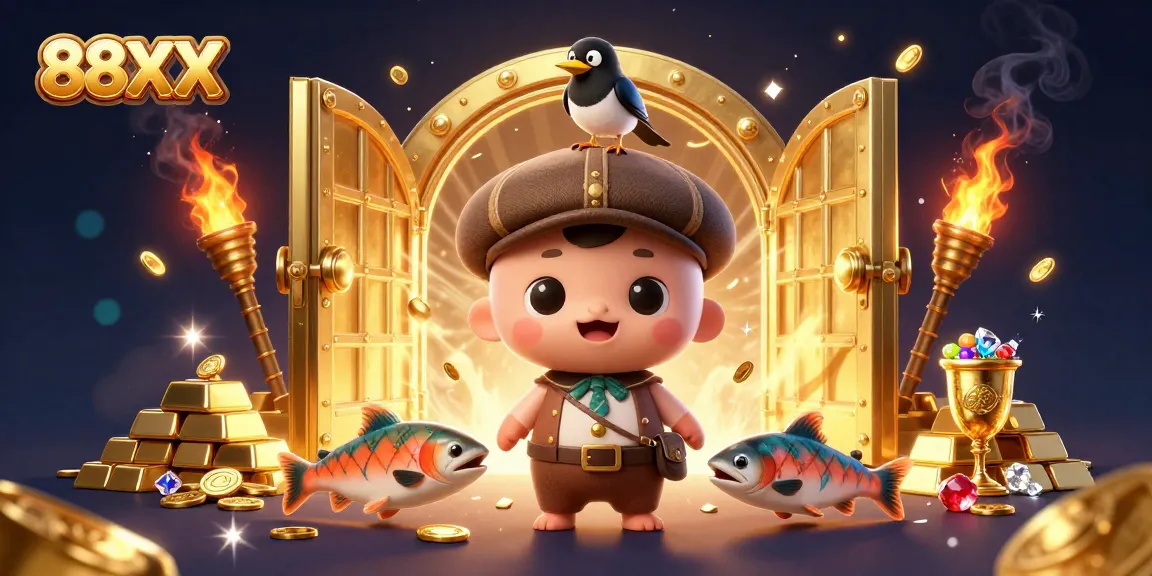 Spin for treasures with 88XX amidst golden riches and playful characters in an engaging casino scene.