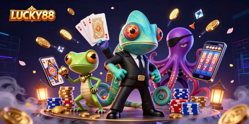 Experience LUCKY88 wins with vibrant 3D casino characters and dynamic gaming elements.