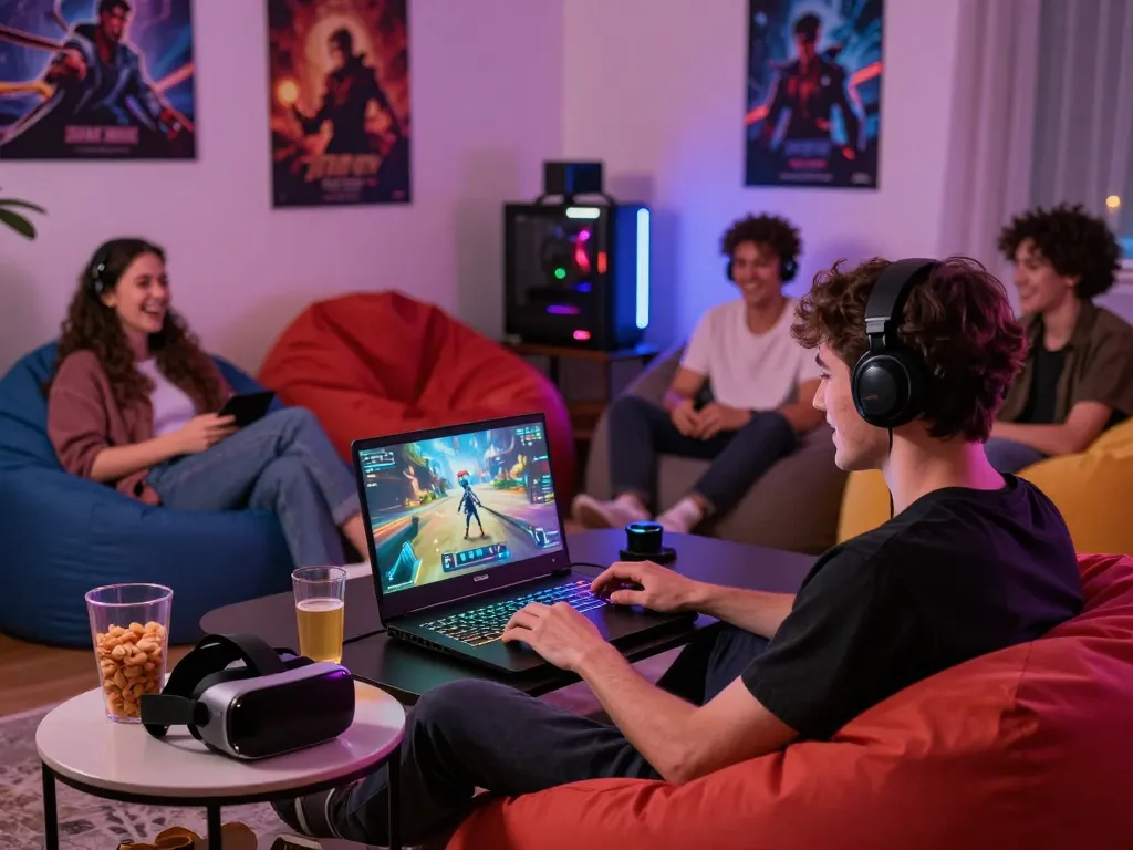 Engaged gamer playing an adult game in a vibrant living room with friends, lively atmosphere, and cozy decor.