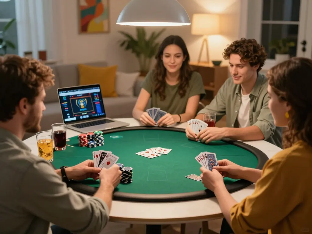 TẢI MI88 and enjoy a social poker game with friends around a cozy table, vibrant atmosphere.
