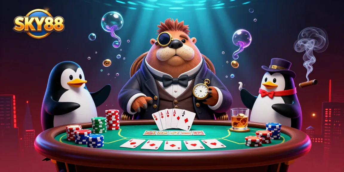 Experience SKY88 with a 3D cartoon jolly walrus playing poker at an underwater casino scene.