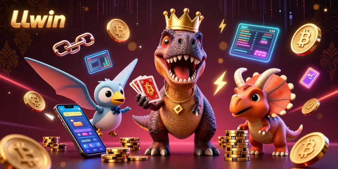 Engage with LLwin's exciting casino features through a dynamic 3D illustration highlighting fun characters and crypto elements.