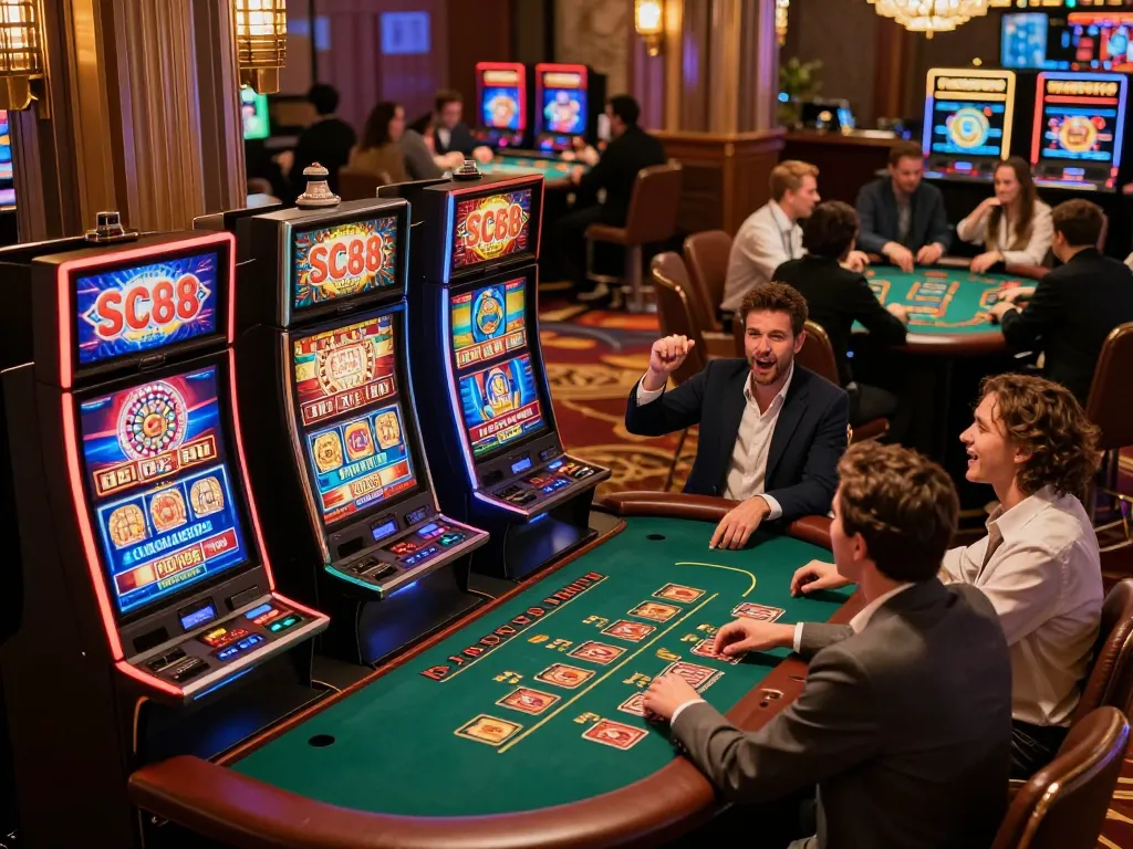 Players enjoying vibrant SC88 slot machines in a luxurious casino atmosphere.