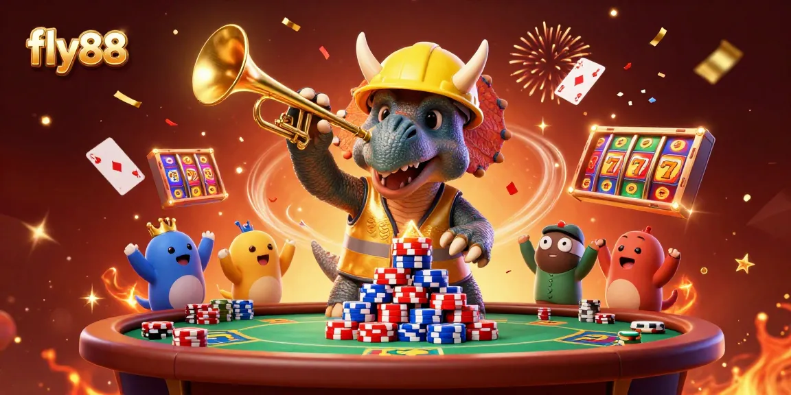 Celebrate wins at Fly88 with 3D characters building poker chip pyramids in an exciting casino scene.