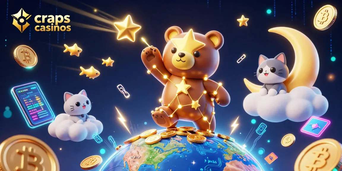 Experience the excitement of craps casinos with shooting stars and golden coins in this vibrant 3D illustration.
