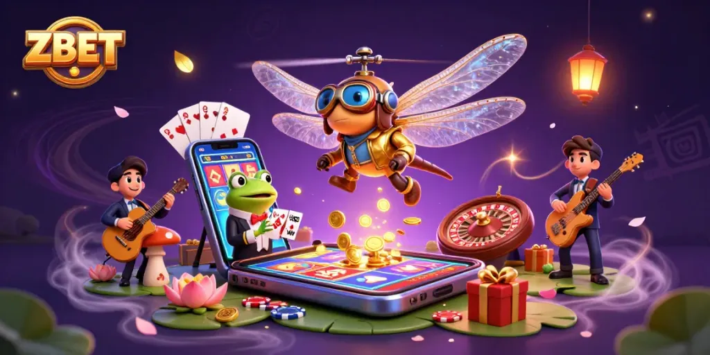ZBET players enjoy winning strategies at a lively lily pad casino with unique characters and casino elements.