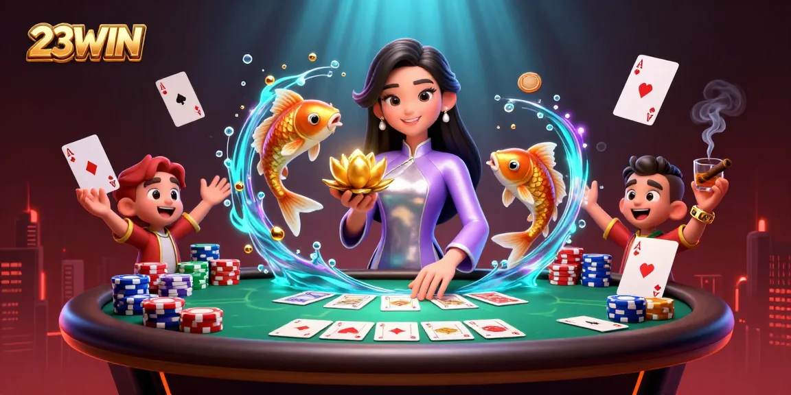 Engage in thrilling poker at 23WIN featuring elegant Asian woman with a lotus and koi fish.