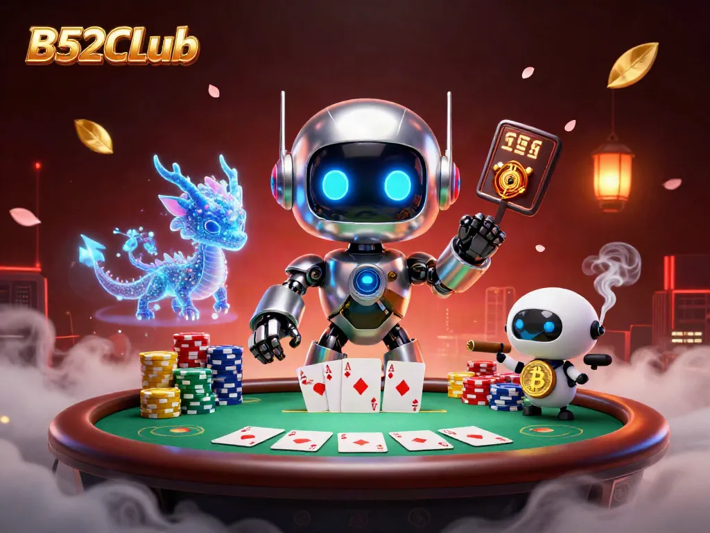 Engage with B52CLub at a vibrant poker scene with a cyberpunk robot and holographic companions.