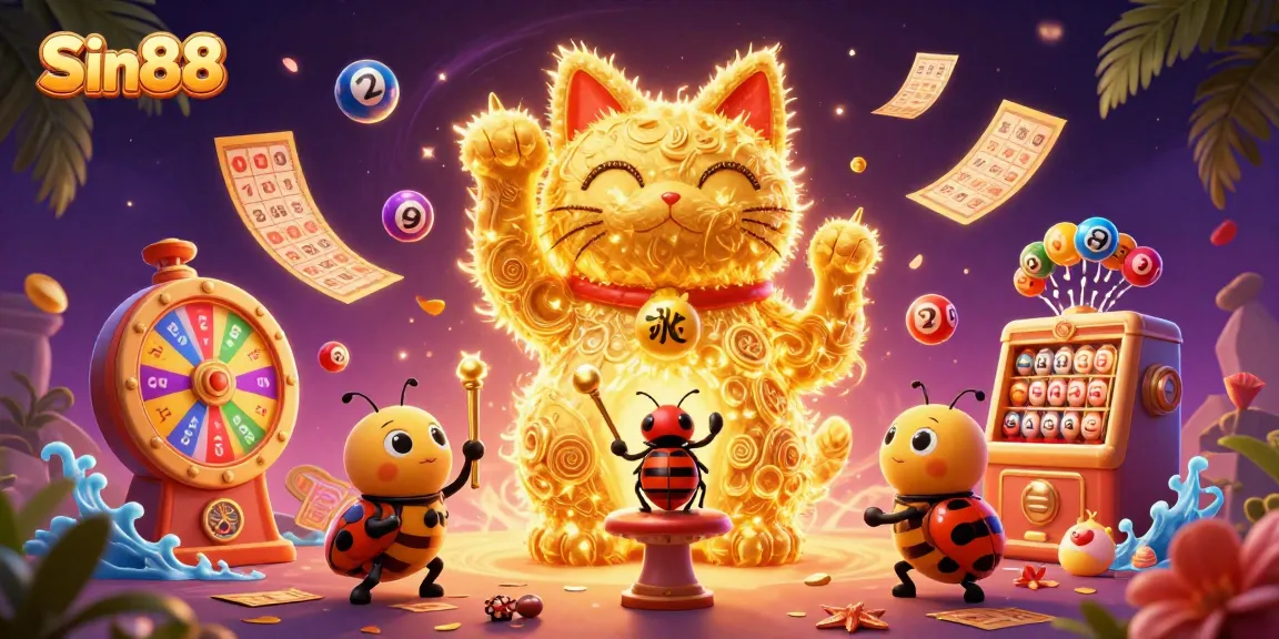 Experience excitement at Sin88 with vibrant lottery balls, a lucky cat, and dynamic casino symbols.