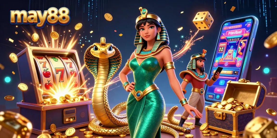 Spin the reels at may88 with a stunning illustration of jackpots, 3D characters, and dynamic casino elements.