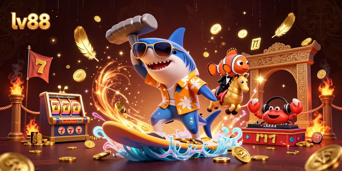 Experience thrilling gameplay with lv 88, where a hammer-head shark surfs on gold coins amidst slot machine reels.