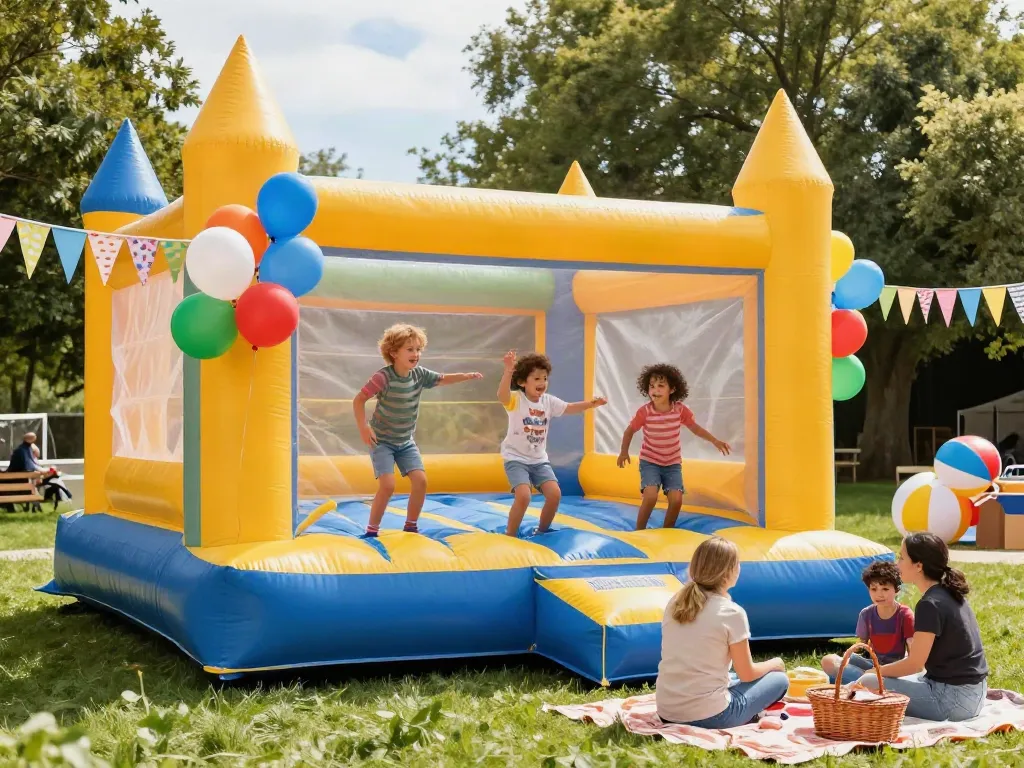 Children having fun in a bounce castle at a sunny outdoor party.