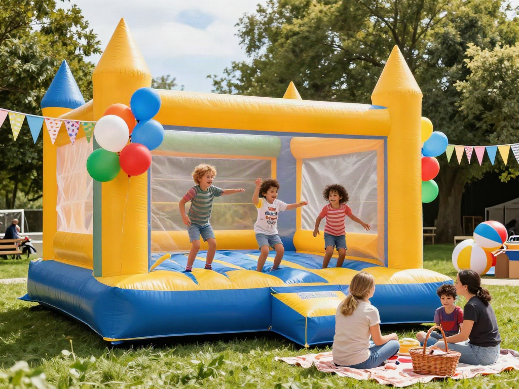 Children having fun in a bounce castle at a sunny outdoor party.