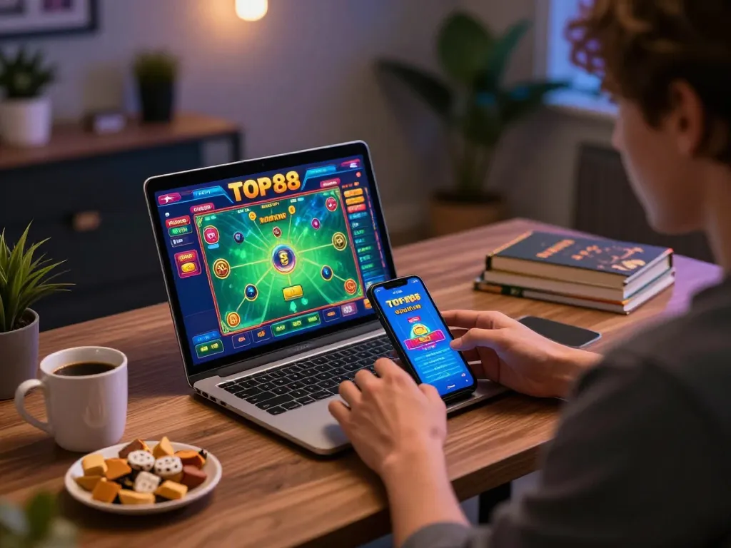 Play exciting games on TOP88 through a serene home office setup featuring a laptop and smartphone.