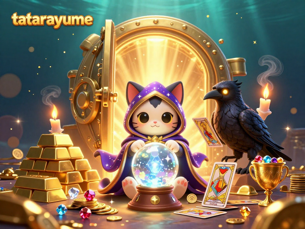 Experience tatarayume's enchanting mystical atmosphere with fortune teller cat, glowing raven, and gold treasures