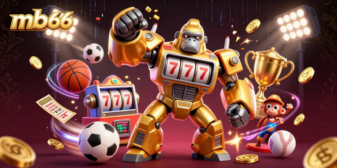 Experience the excitement with mb66 in this dynamic casino scene featuring a golden gorilla mech and energetic sports elements.