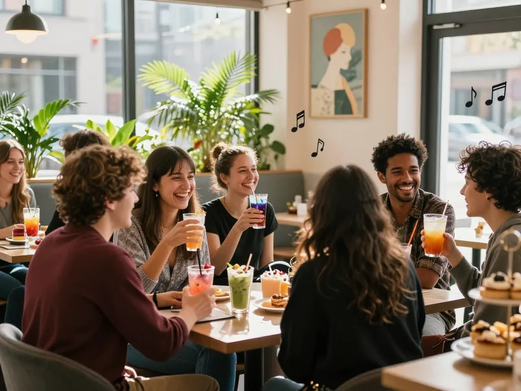 Group enjoying drinks and laughter at a café, illustrating the concept of crush on in a social setting.