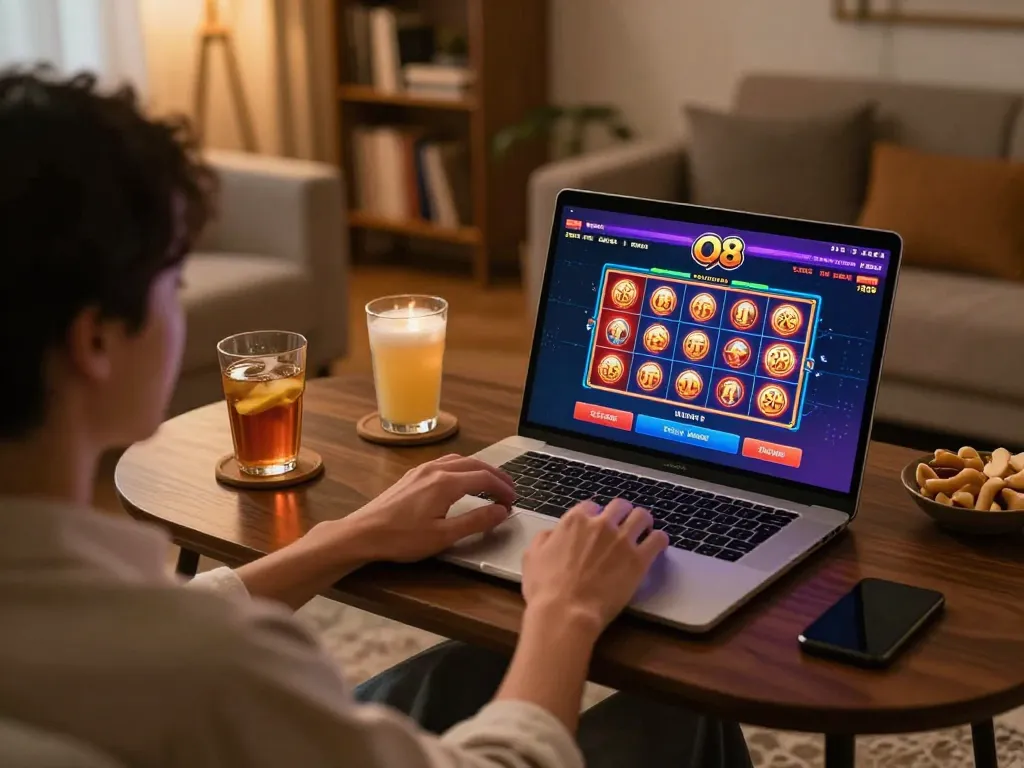 Player engaging with the O8 online casino interface showcasing vibrant slots graphics from a cozy home setting