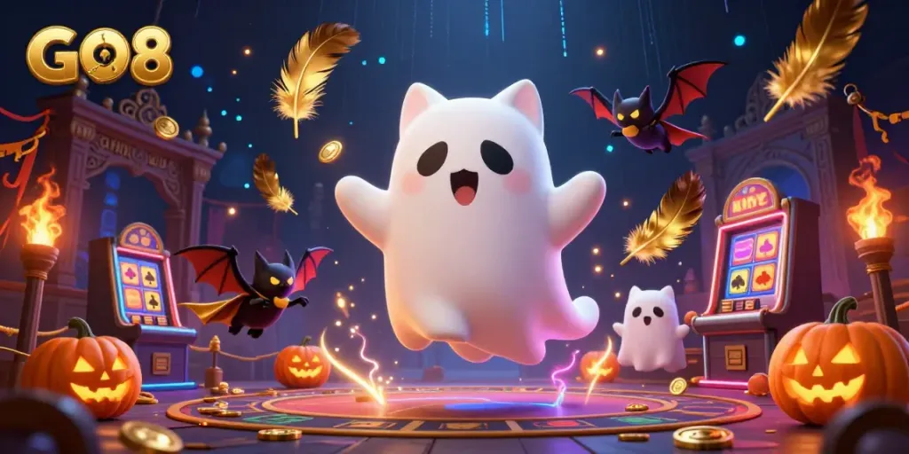 Engage in electrifying gaming fun at GO8's haunted casino with vibrant ghost cat and vampire bat.