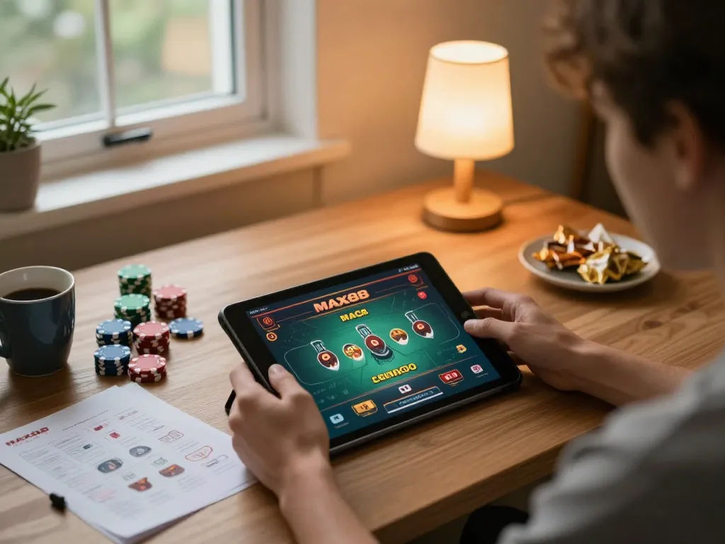 MAX88 player enjoying online casino gaming setup with engaging tablet interface and cozy ambiance
