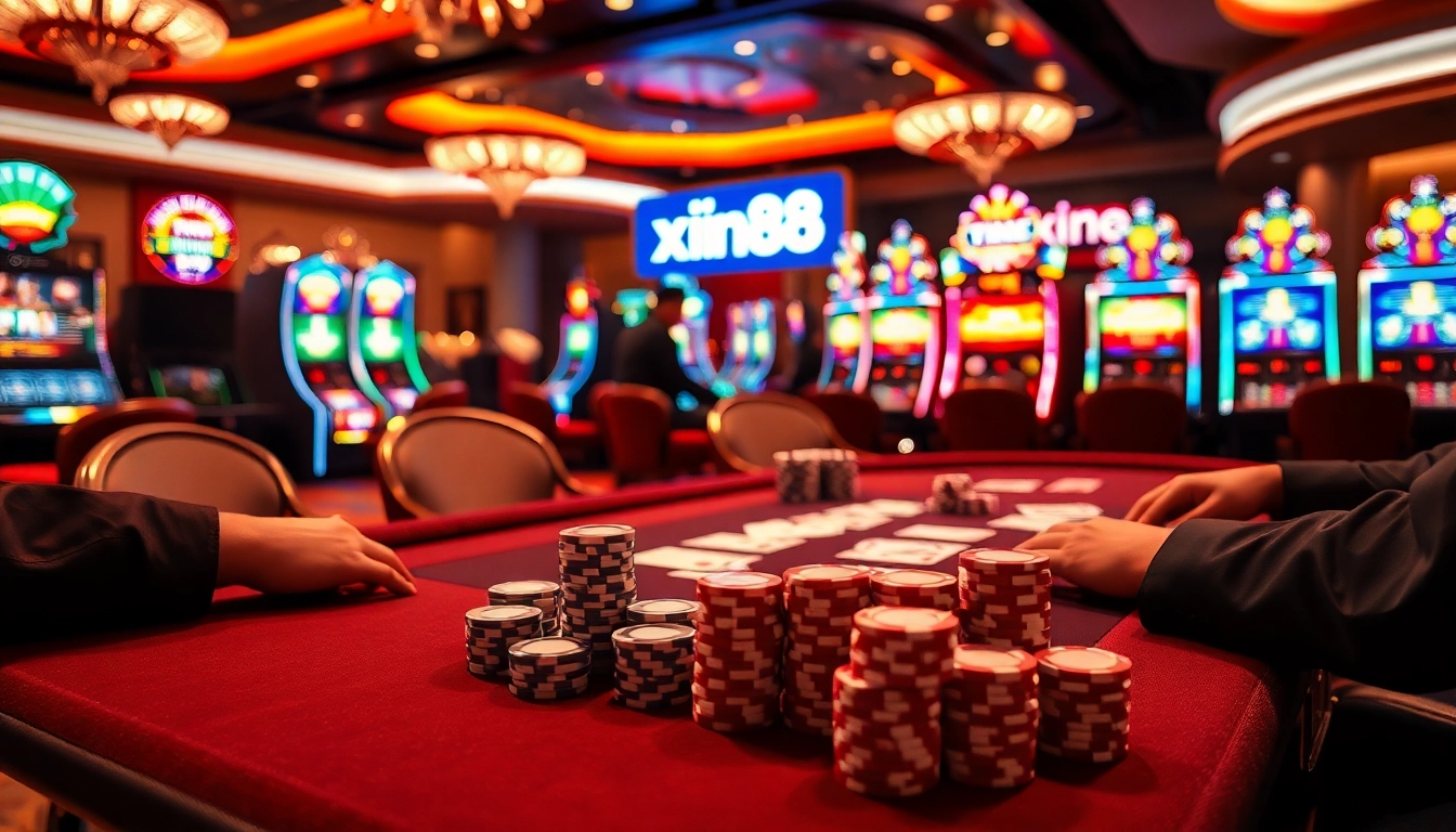 Exciting poker action at xin88 casino table with players and colorful chips.