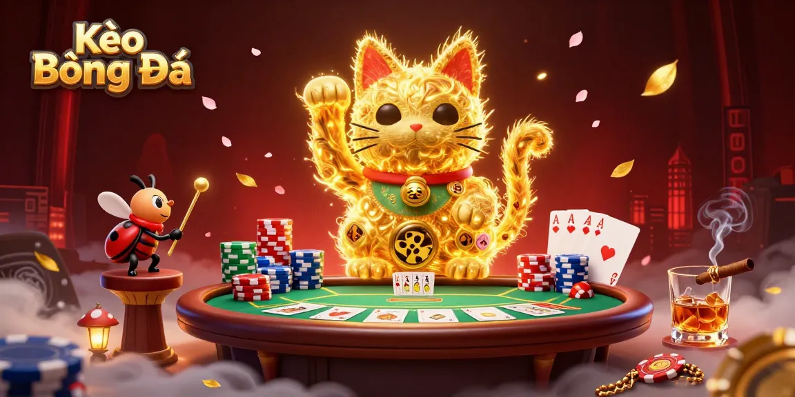 Kèo Bóng Đá showcases a vibrant scene of a golden lucky cat surrounded by poker elements, symbolizing exciting betting opportunities.