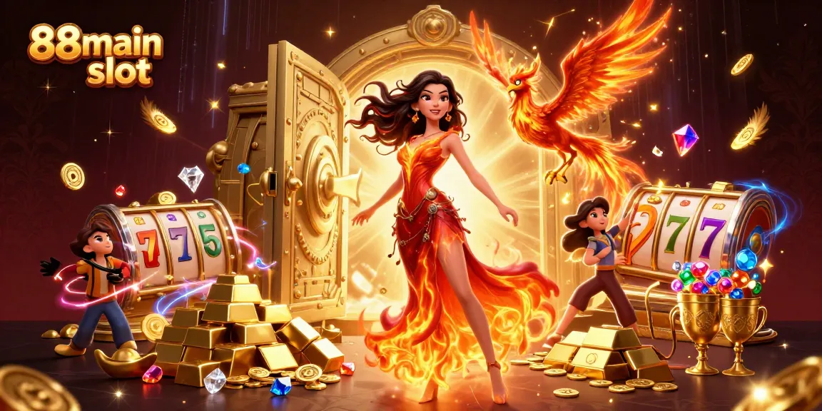 Rasakan sensasi slot 88main dengan pemandangan menakjubkan dari seorang wanita Asia yang berapi-api dan elemen harta karun.