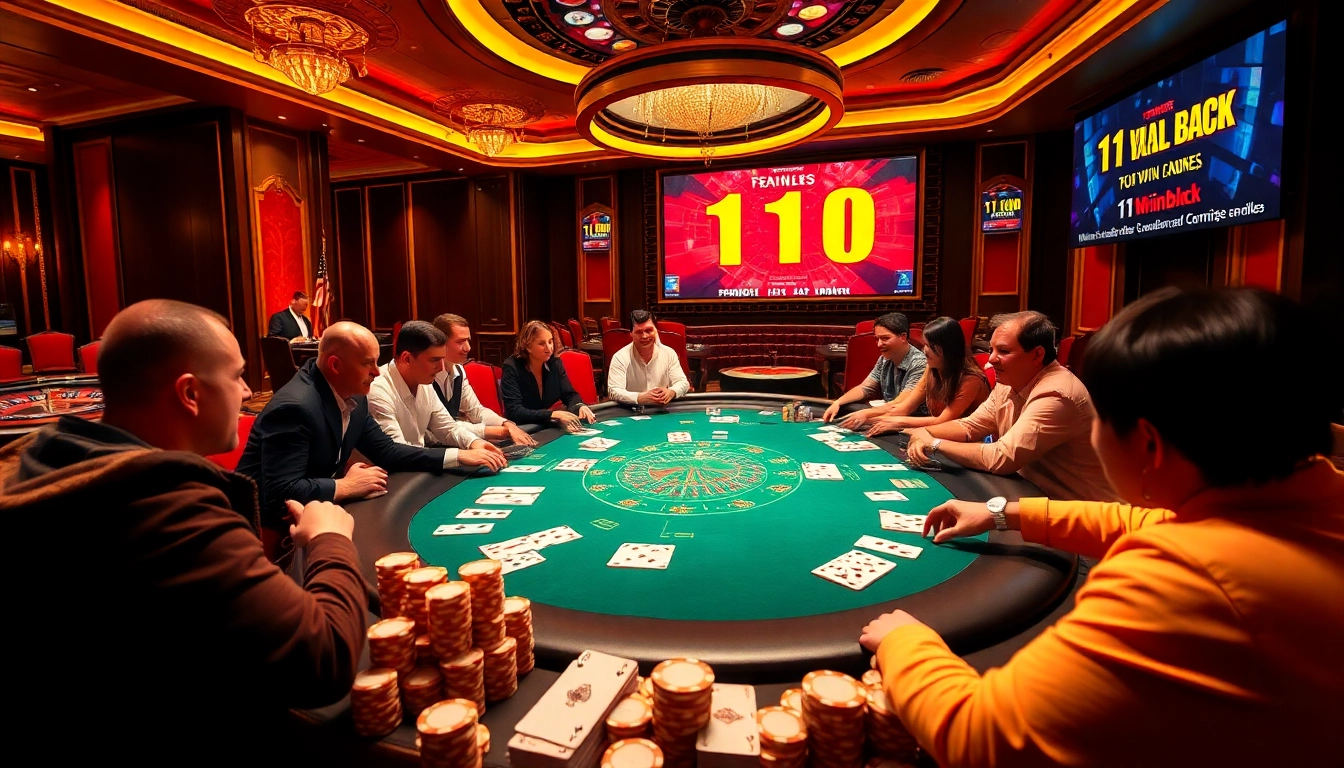 Players enjoying a high-stakes poker game at https://11win.black/ in a luxurious casino setting.