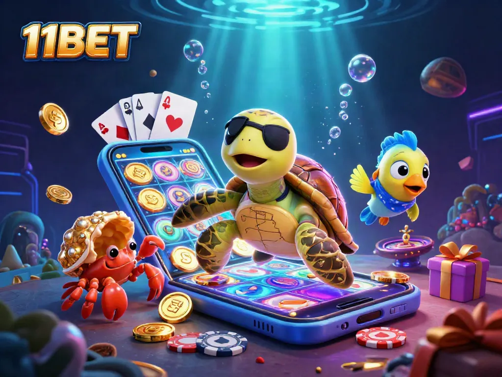Experience thrilling slots and casino action with 11BET surrounded by vibrant gaming elements.