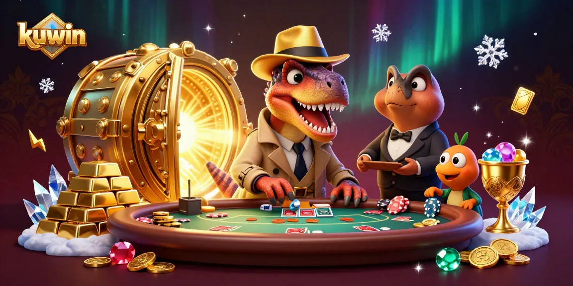 Kuwin enhances gaming excitement with a velociraptor card counter caught at a blackjack table amid dazzling treasures.