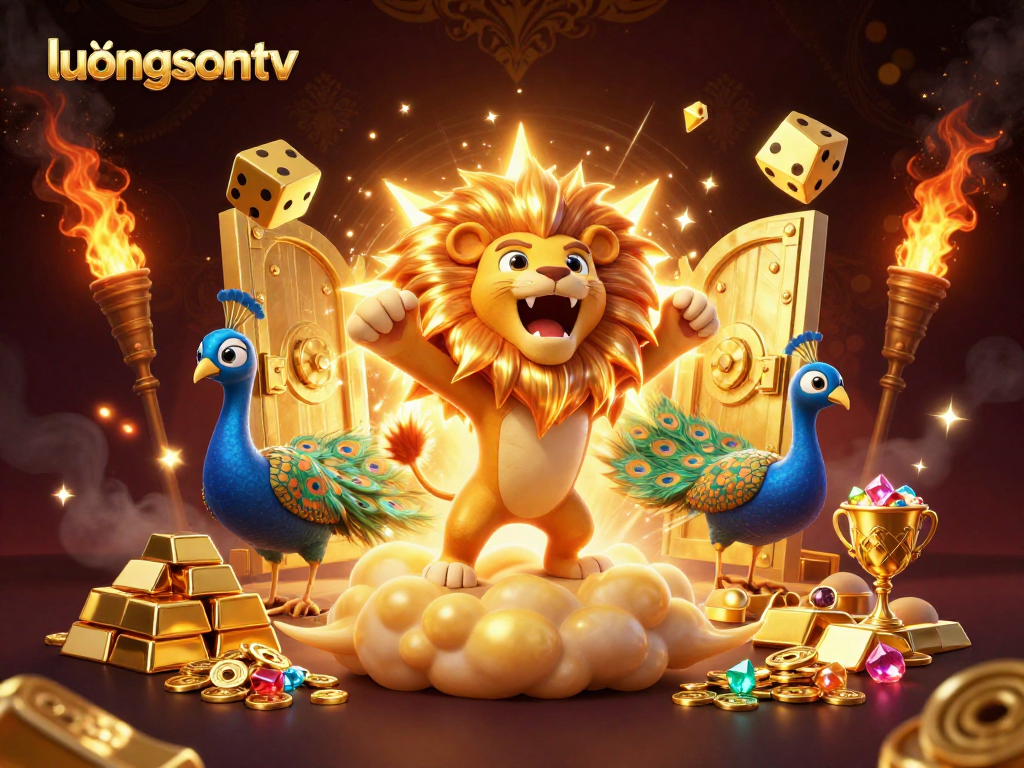 Experience thrilling action with luongsontv, featuring a captivating 3D cartoon lion amidst dynamic casino elements.