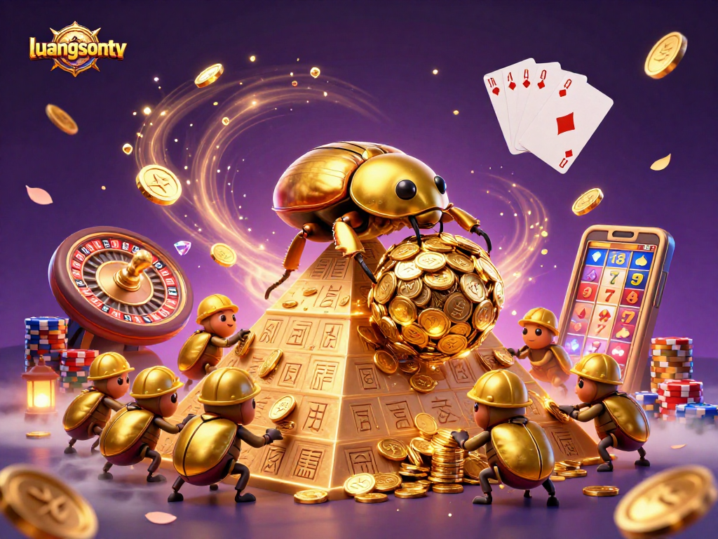 Experience the thrill of winning with luongsontv's vibrant illustration of a golden dung beetle and casino elements.