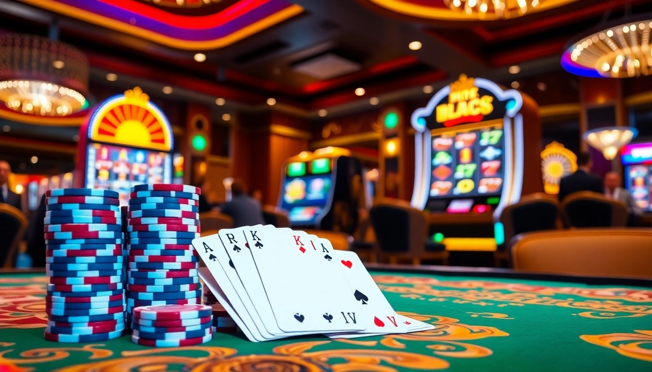 Experience excitement at KU88 Casino with vibrant poker chips and a glowing slot machine.