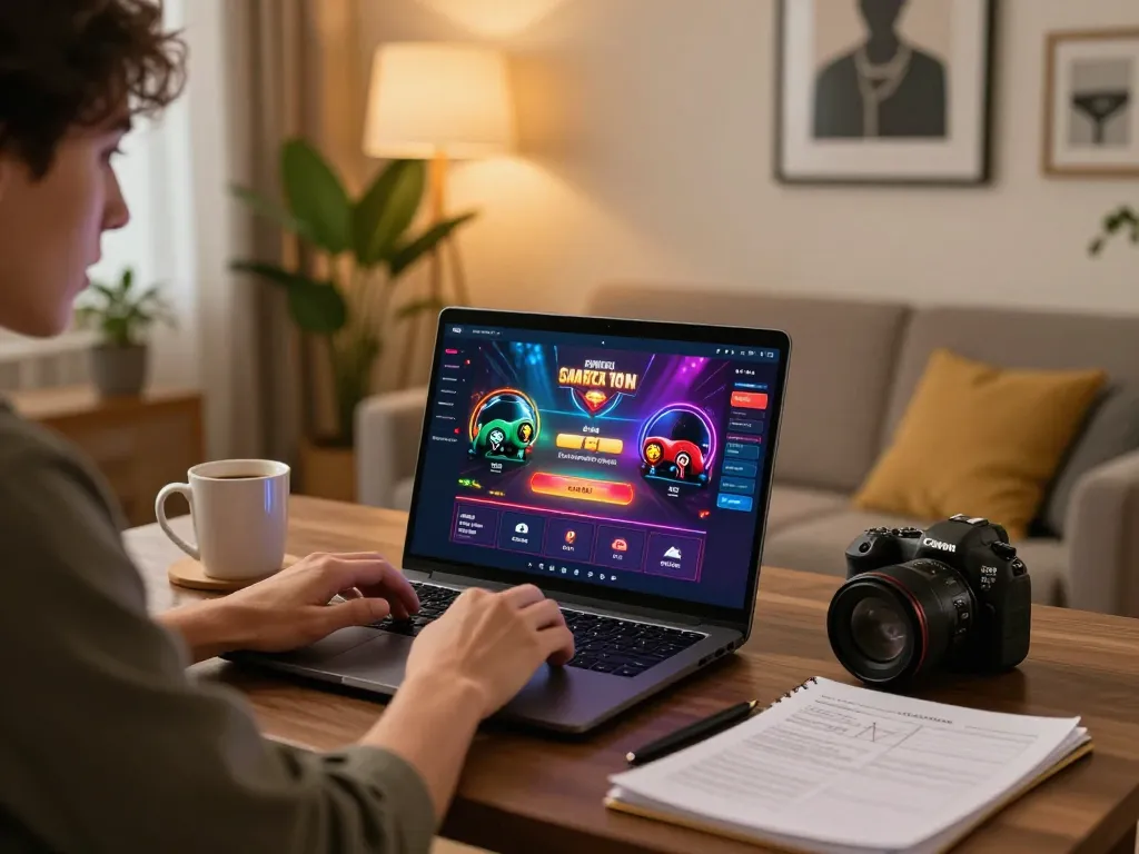 Player enjoying online gaming on trang chủ go8 from a cozy home setup with vibrant casino app interface.