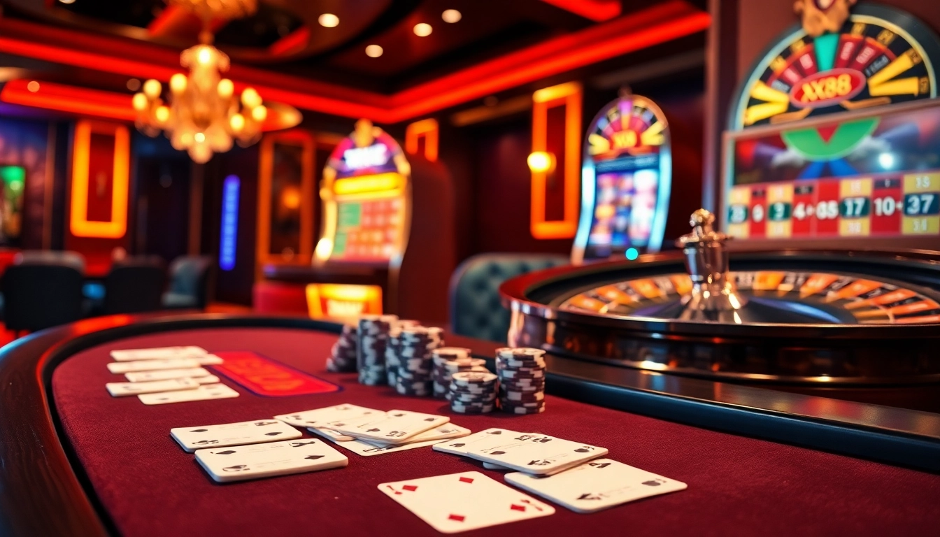 Players enjoying high-stakes games at XX88 casino with vibrant poker chips and roulette wheels.