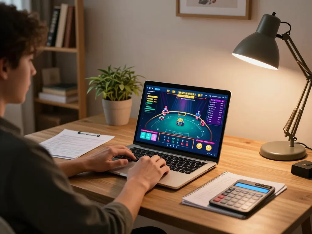 Engaging in online poker gaming with sc88, person analyzing betting strategies in a cozy home office atmosphere