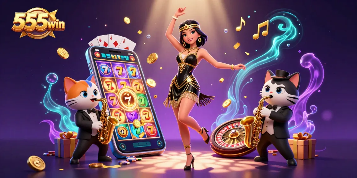 Spin to win at 555win with an engaging scene of a stylish flapper and a jazzy cat surrounded by casino games.