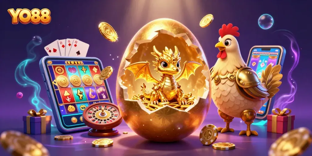 Experience the magic of YO88 with a golden dragon guarding poker riches in a dazzling casino scene.