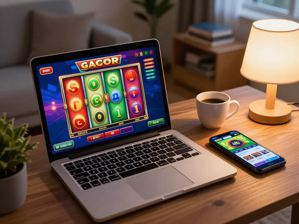 Engaging gameplay experience on slot gacor as a laptop shows colorful reels in an inviting home setting.