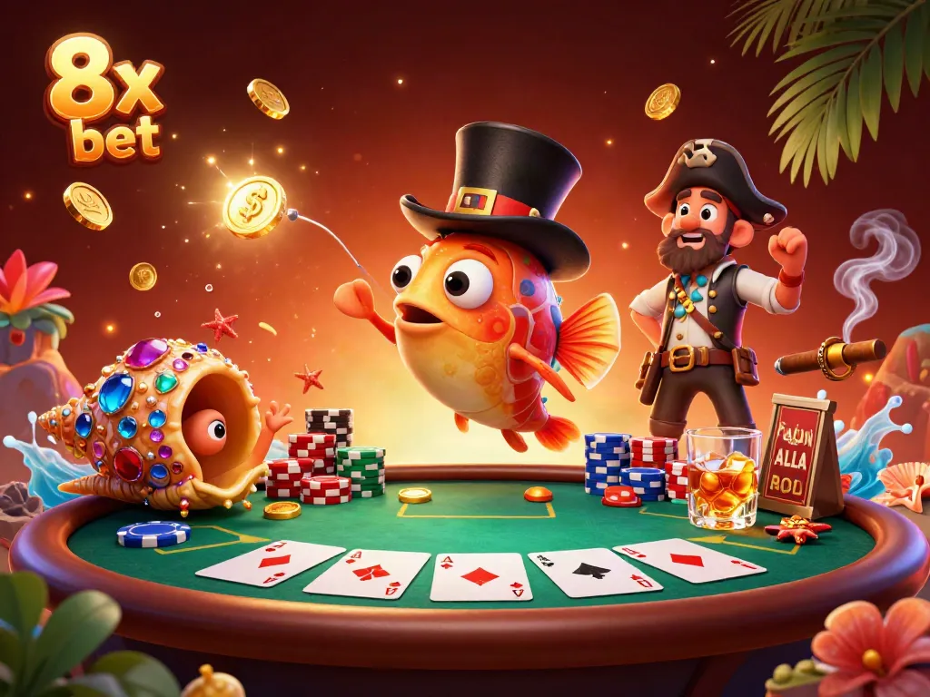 Engage with thrilling 8x bet action through colorful characters and poker elements in a dynamic casino scene.