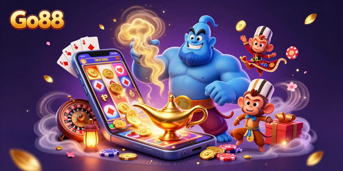 Engage in thrilling games at Go88's vibrant online casino featuring a magical scene.