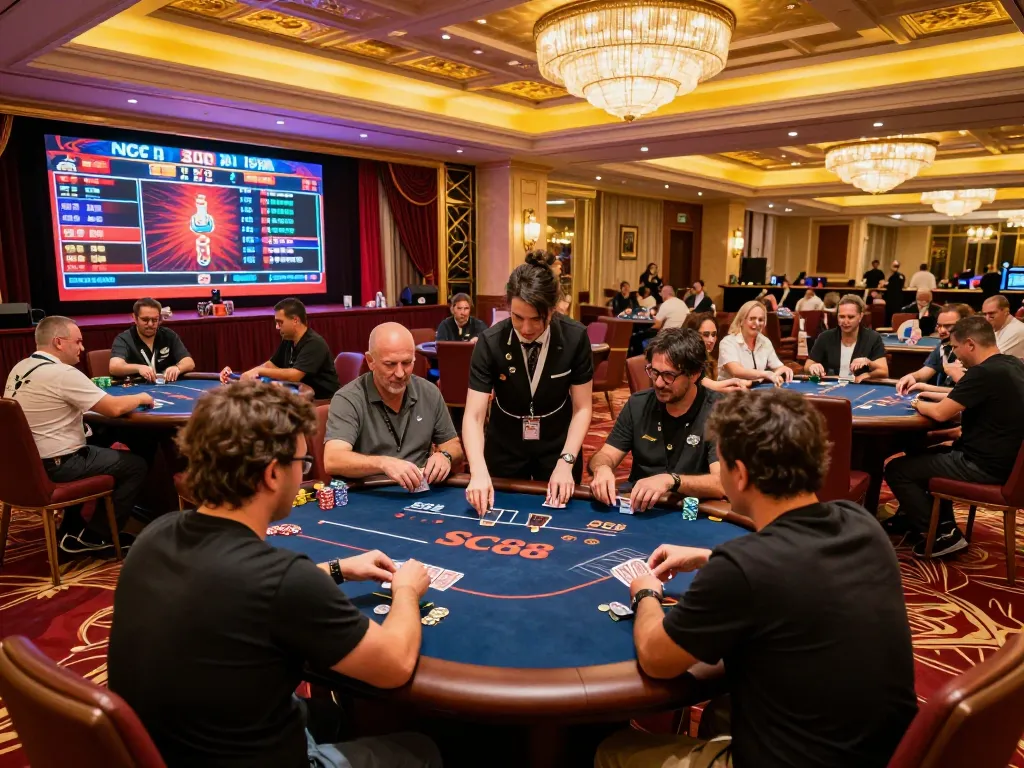 Players enjoying an exciting game at SC88 casino, vibrant atmosphere and luxury décor.