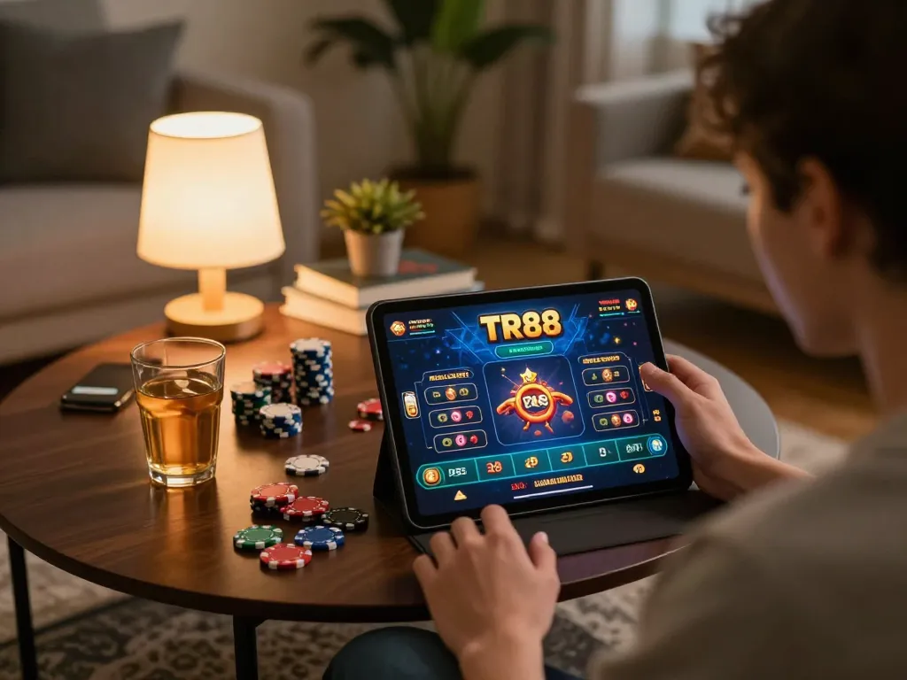 Person enjoying online gaming at TR88 on a tablet in a cozy home setting, illustrating responsible gambling