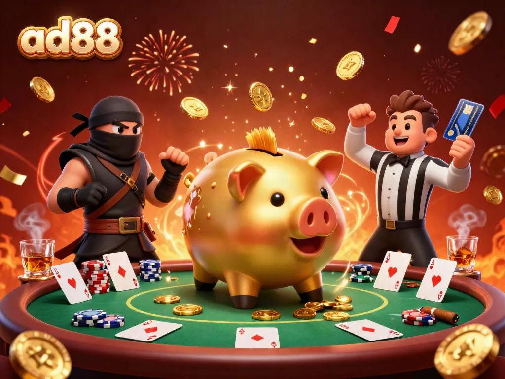 Engaging scene showcasing ad88 characters in an exciting casino battle with poker elements and golden coins.