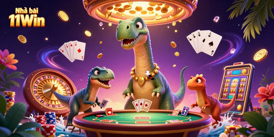 Engage with Nhà cái 11Win in a vibrant casino scene featuring dynamic characters and game elements.