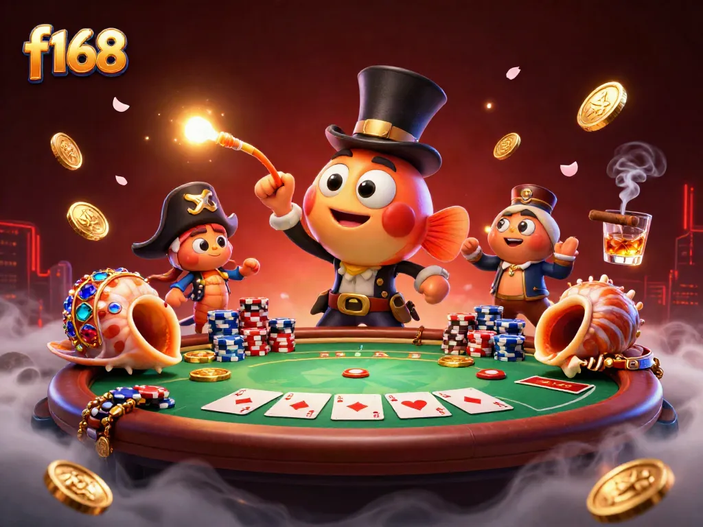 F168 illuminates the gaming scene with golden coins and poker elements, creating a vibrant casino atmosphere.