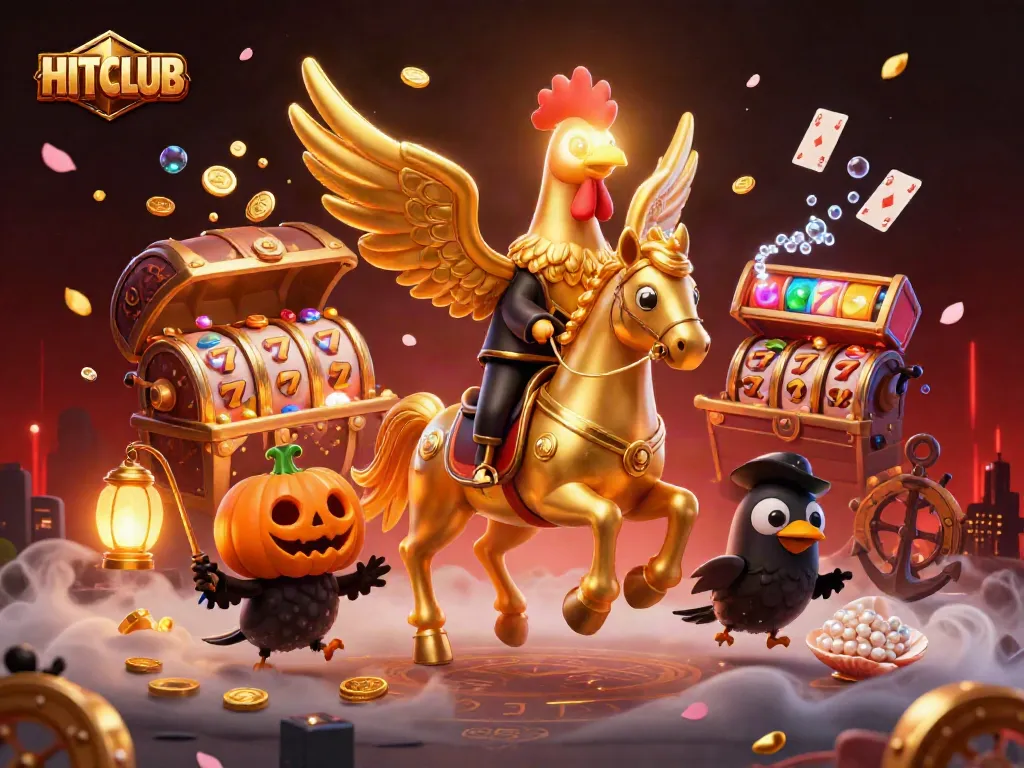 Engage with HITCLUB casino excitement featuring a golden rooster amidst dynamic gaming elements.